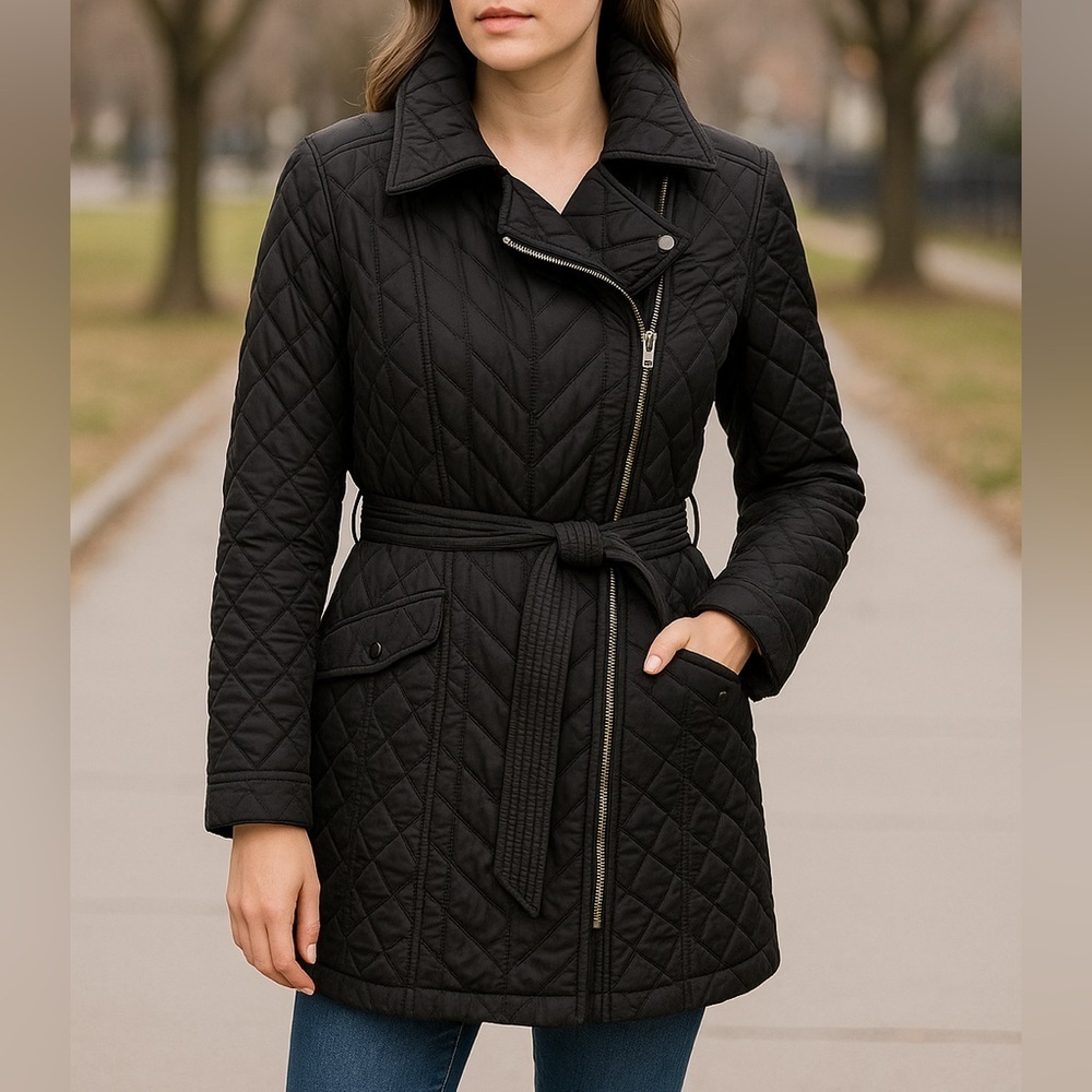 Karl Lagerfeld Paris Quilted Belted Coat Jacket Large Black Moto